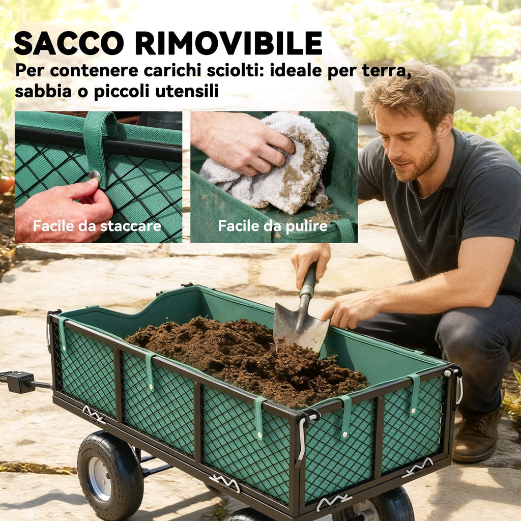 Carrello da Giardino in Acciaio 114 L con Pareti Rimovibili e Sacca Portaoggetti
