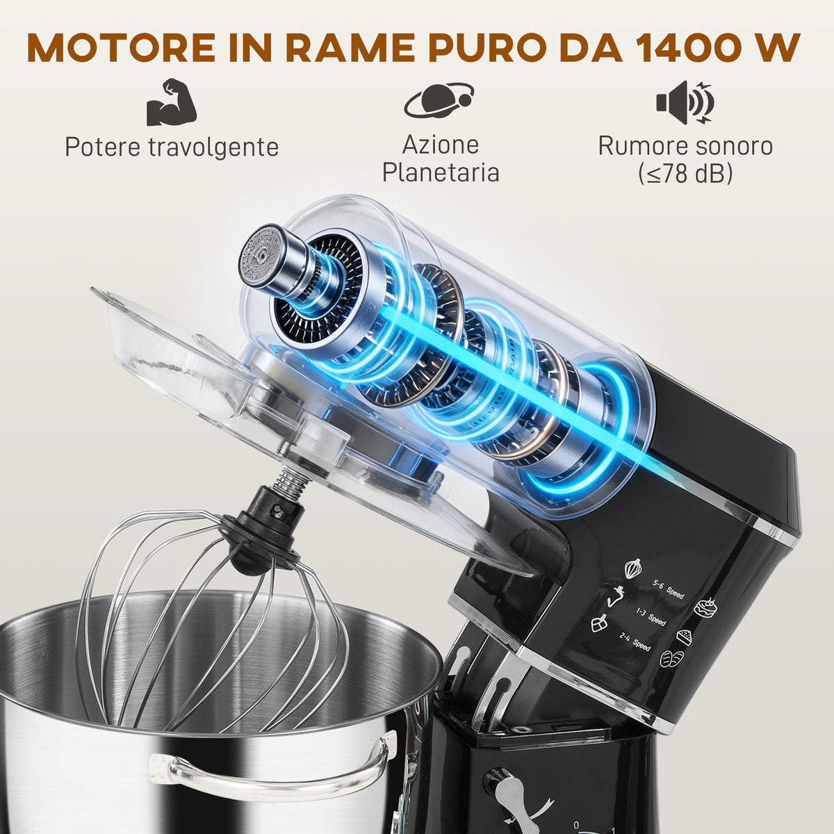 Impastatrice Planetaria 1400W con Ciotola 7 L e 6 Velocità