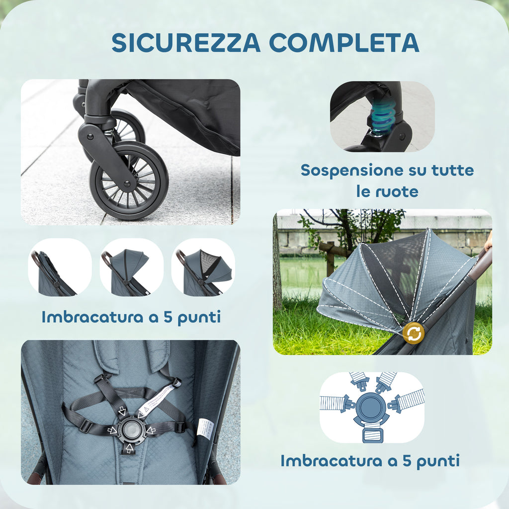 Passeggino Pieghevole per Bambini con Schienale Reclinabile e Capote Parasole