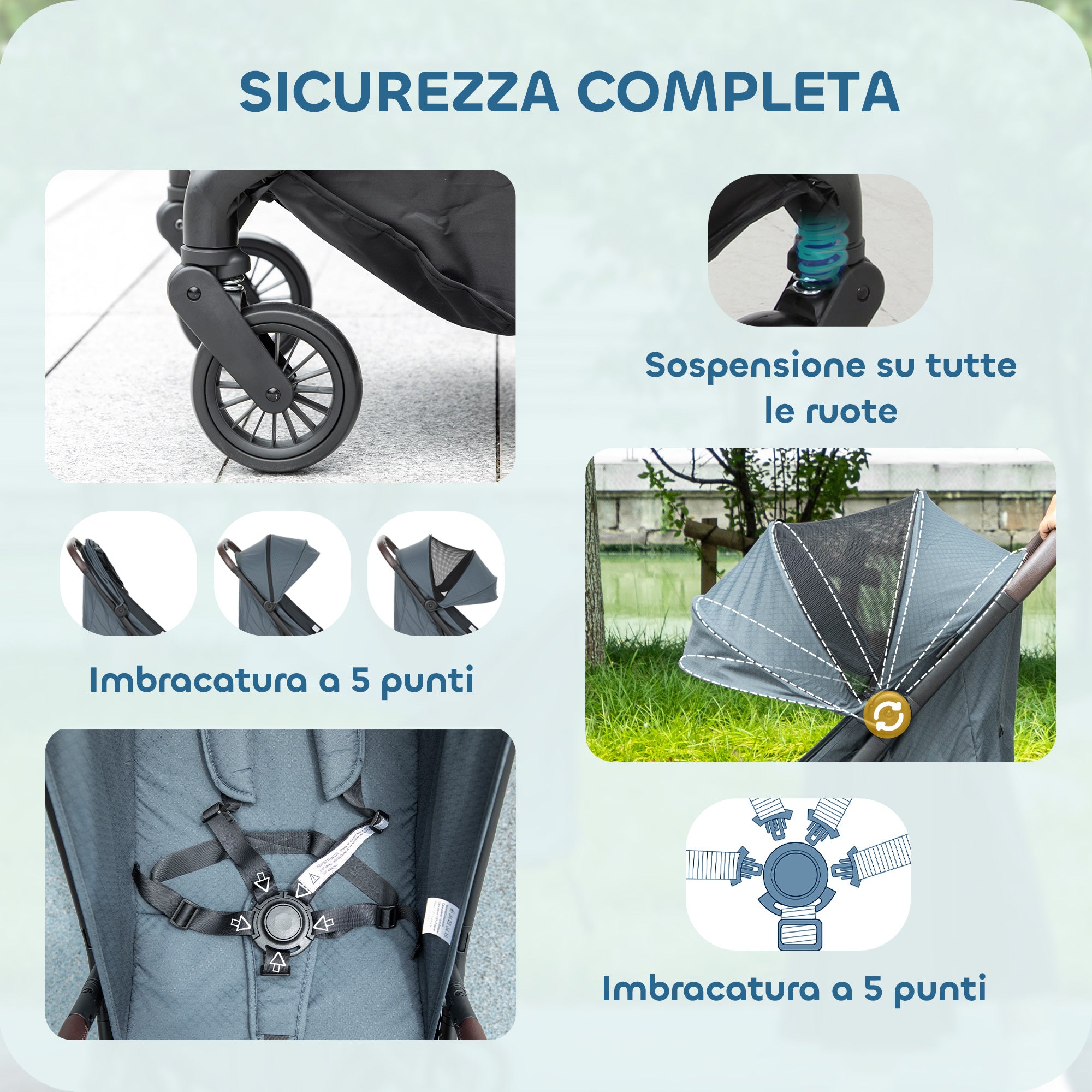Passeggino Pieghevole per Bambini con Schienale Reclinabile e Capote Parasole