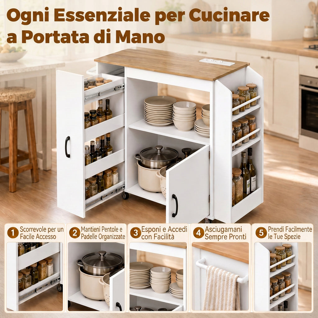 Carrello da Cucina Bianco con Presa di Corrente