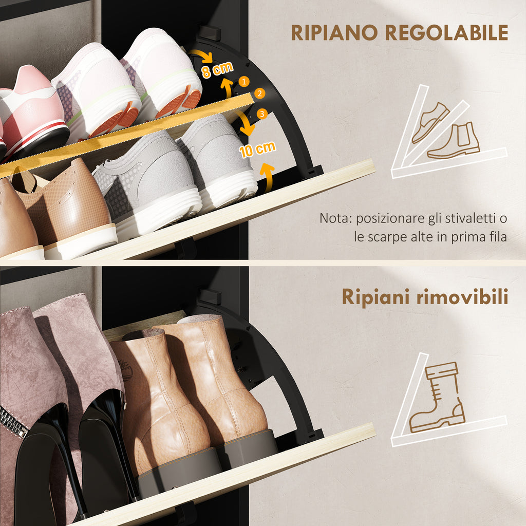 Scarpiera Slim Nera con 2 Cassetti e 3 Vani Aperti