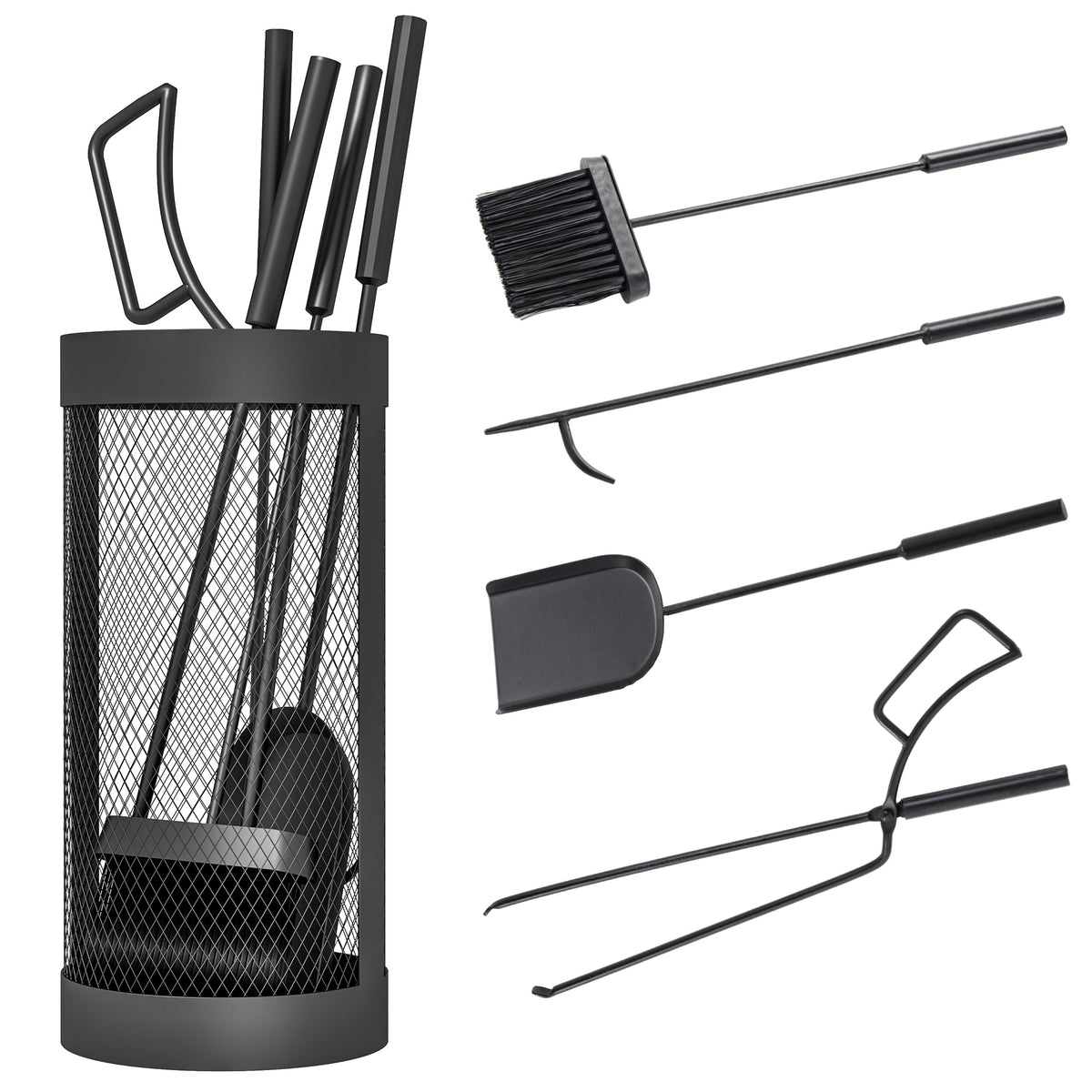 Set Utensili per Camino 5 Pezzi in Metallo con Supporto