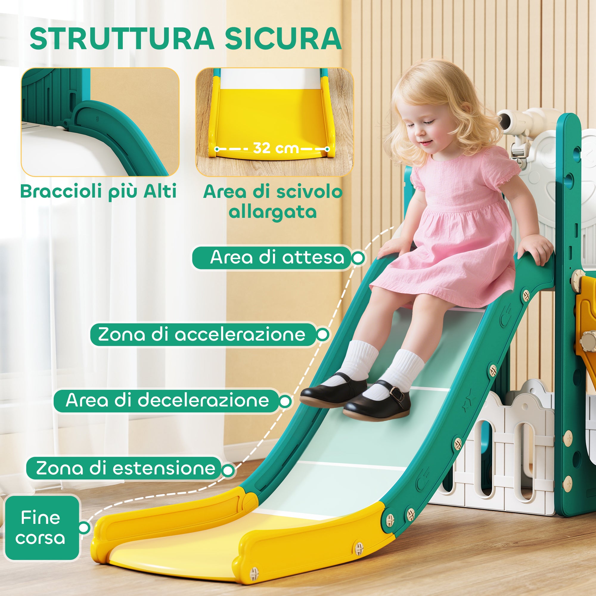 Set Scivolo per Bambini 5 in 1 con Canestro, Scaletta e Telescopio Giallo