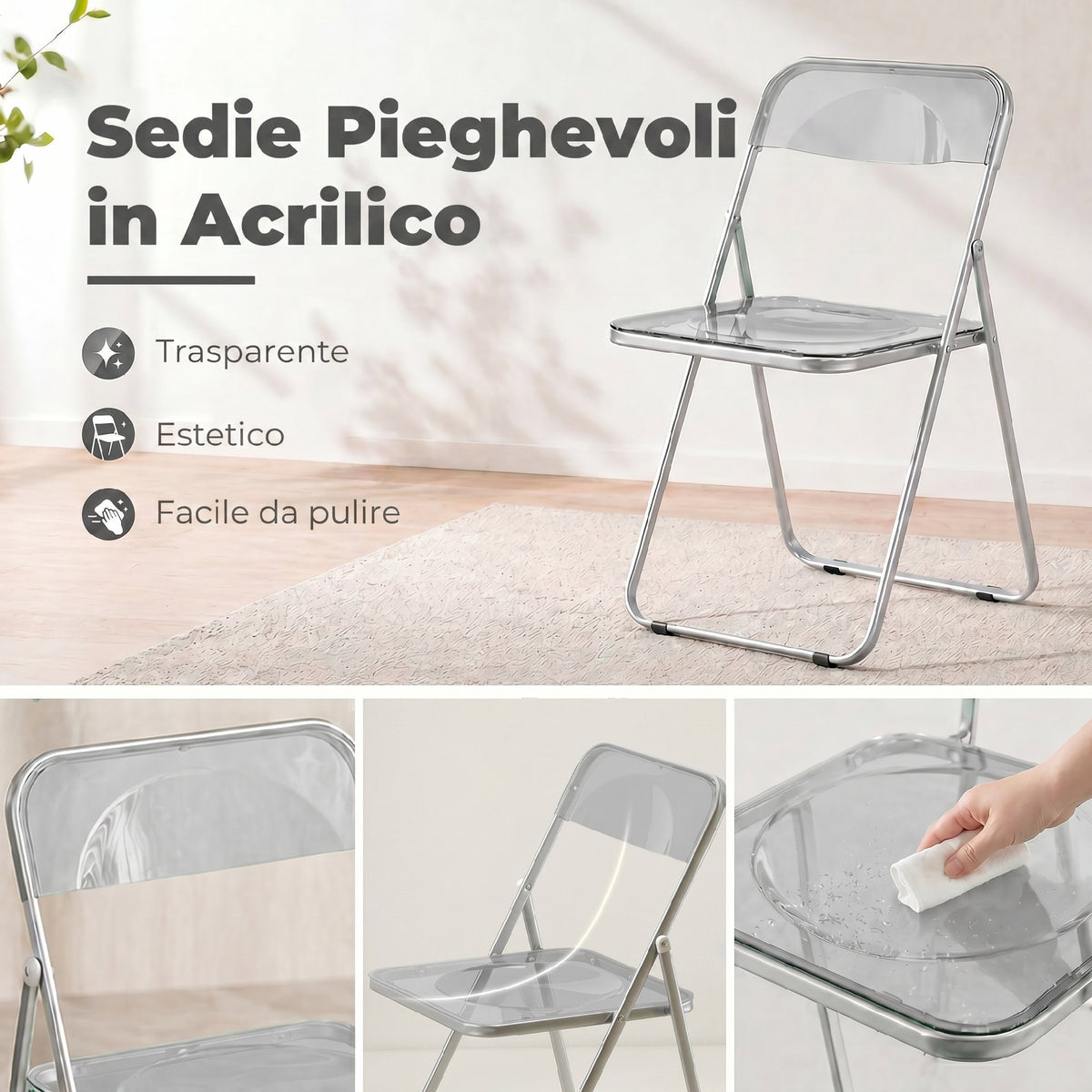Set 4 Sedie Pieghevoli Trasparenti Grigie in Acrilico
