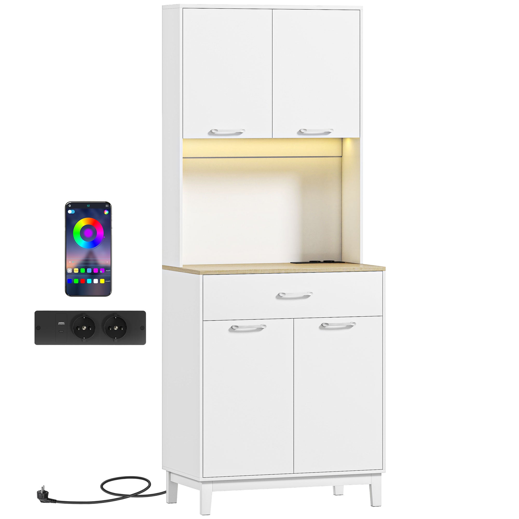 Credenza Moderna con Luci LED, Prese Elettriche e USB, 2 Armadietti e Cassetto