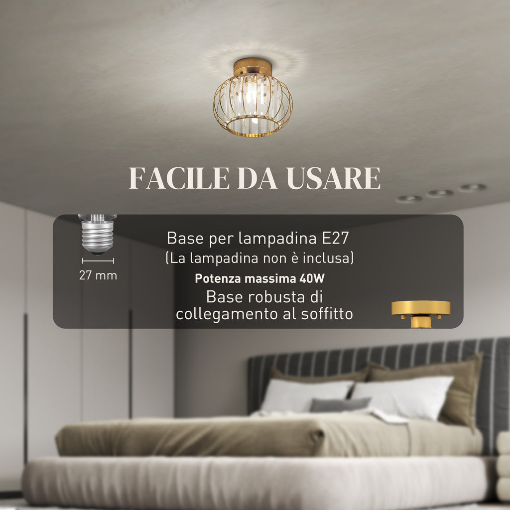Plafoniera LED Oro con 18 Cristalli e Design a Gabbia