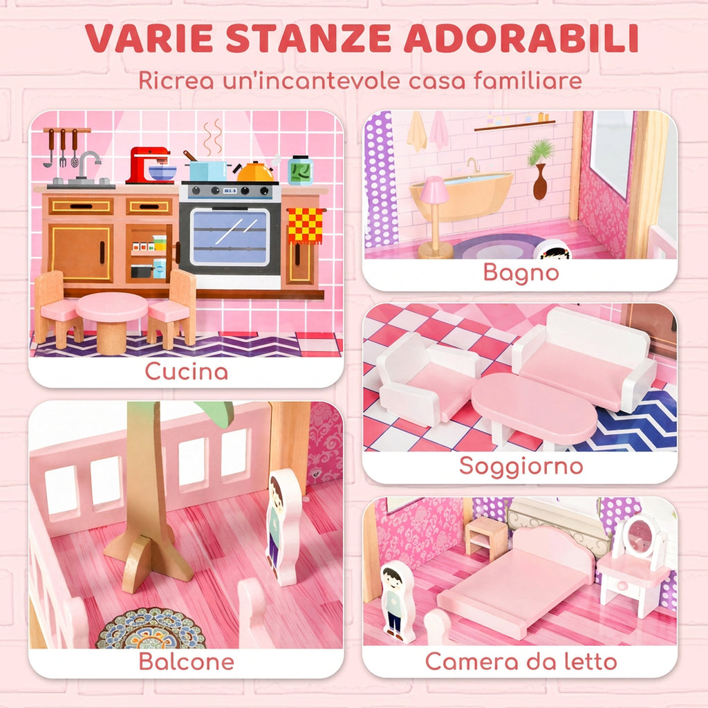 Casa delle Bambole in Legno Rosa con 11 Mobili