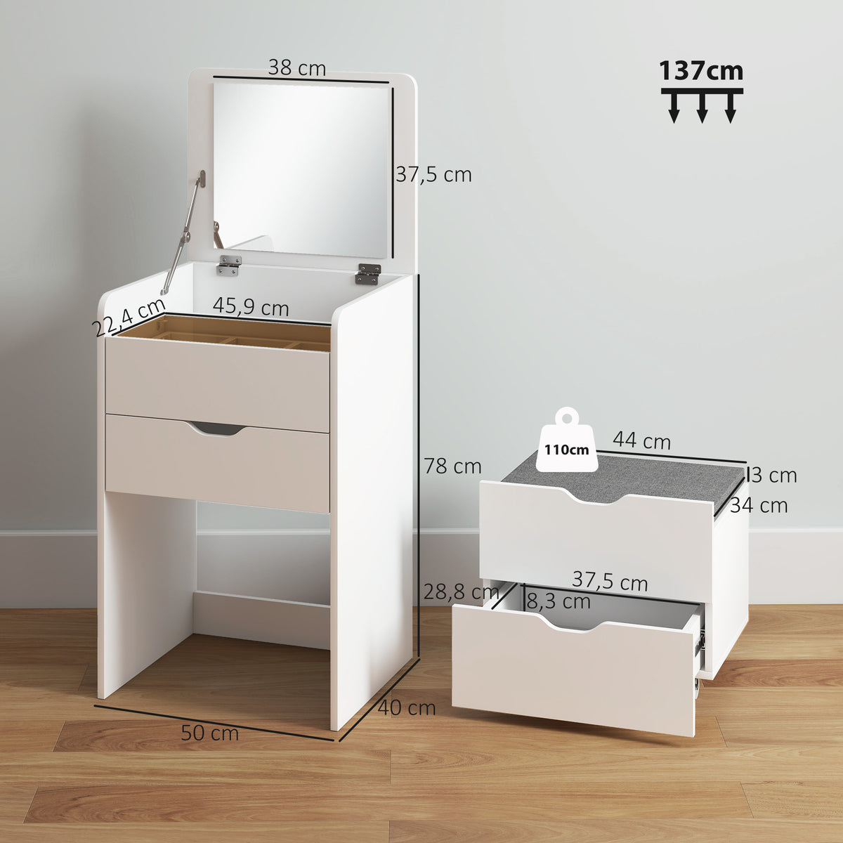 Toeletta 3 in 1 Bianca con Specchio e Sgabello