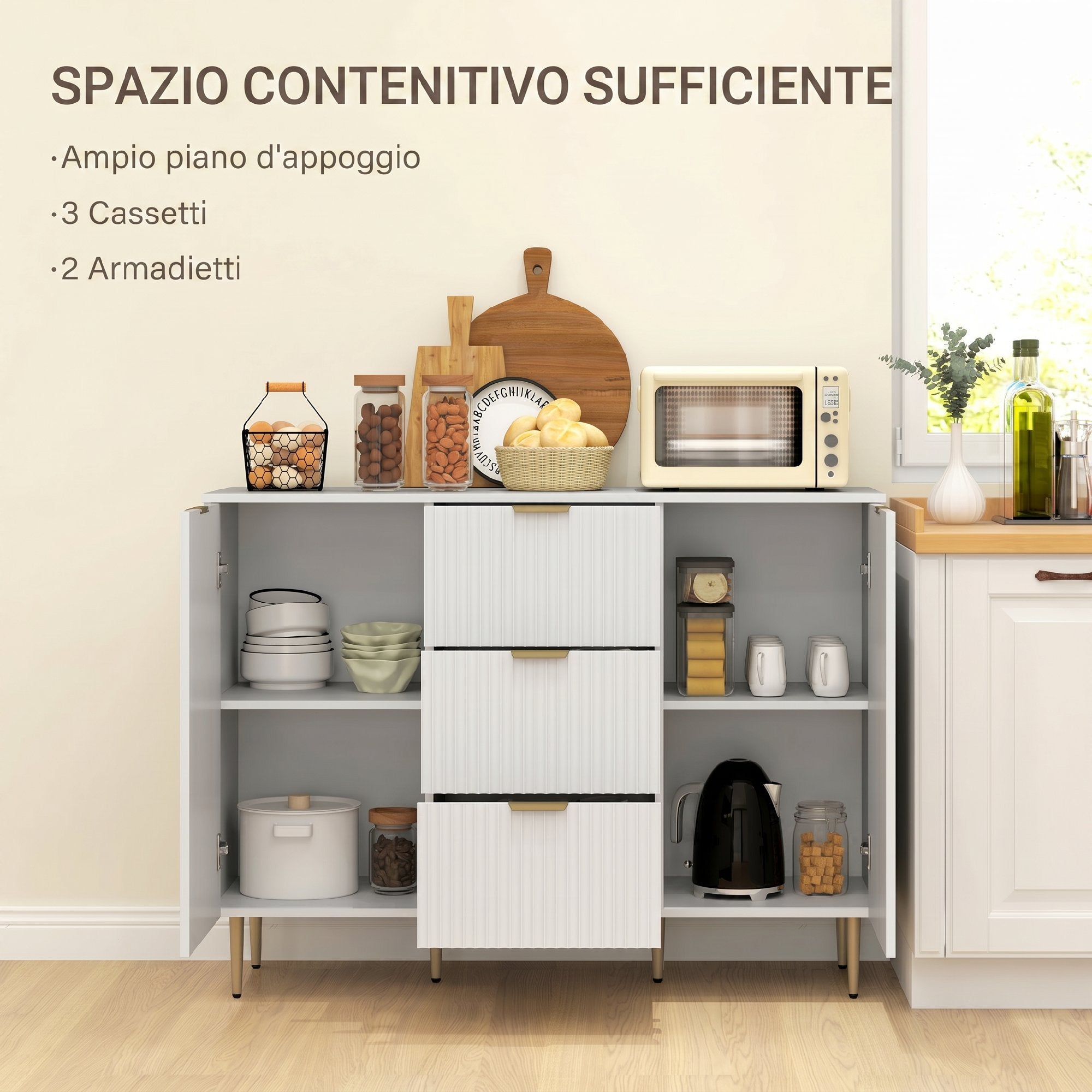 Credenza Moderna con 3 Cassetti, 2 Armadietti e Ripiani Regolabili in Legno e Metallo