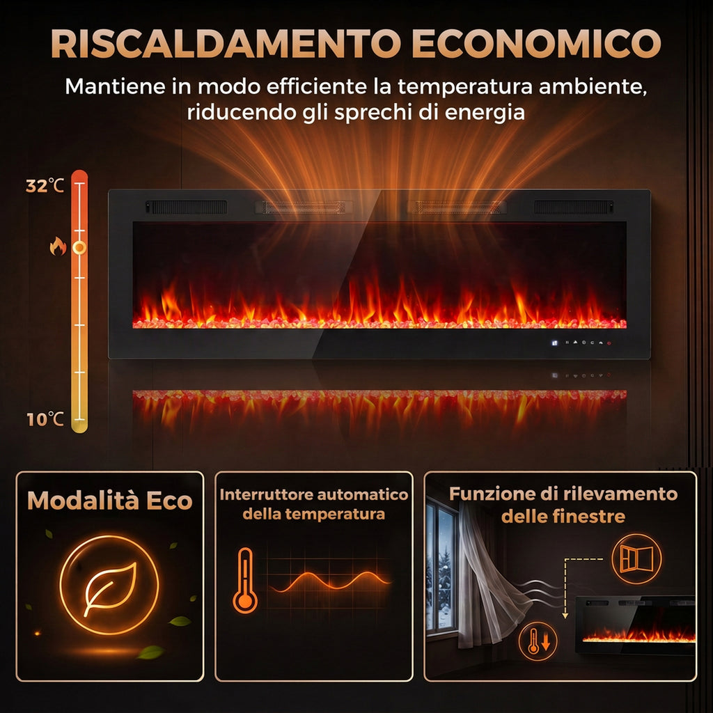 Camino Elettrico da Incasso con Fiamma Indipendente 152 cm