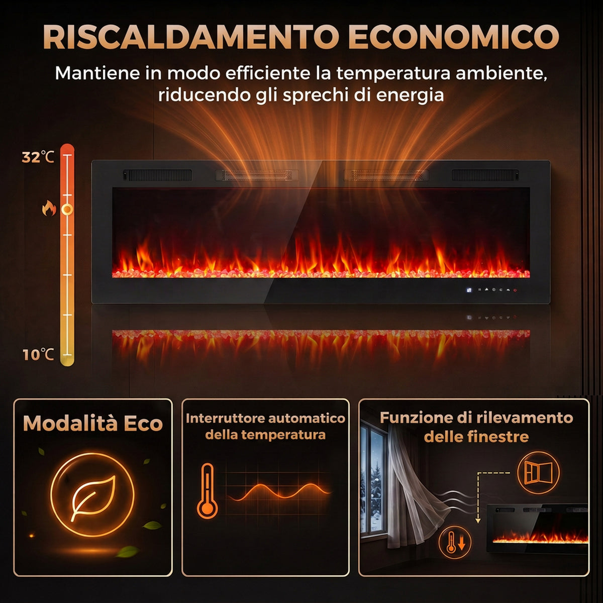 Camino Elettrico da Incasso con Fiamma Indipendente 152 cm