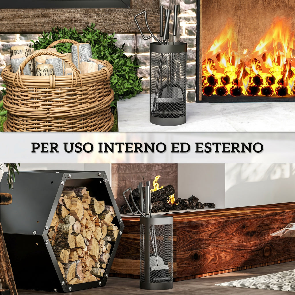 Set Utensili per Camino 5 Pezzi in Metallo con Supporto