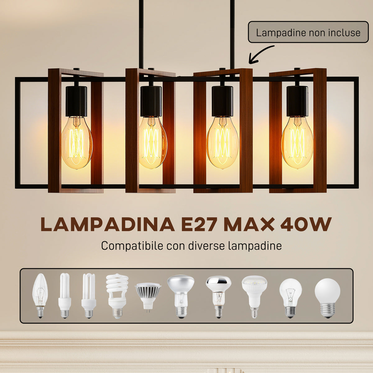 Lampadario Rustico Nero e Marrone a 4 Cornici