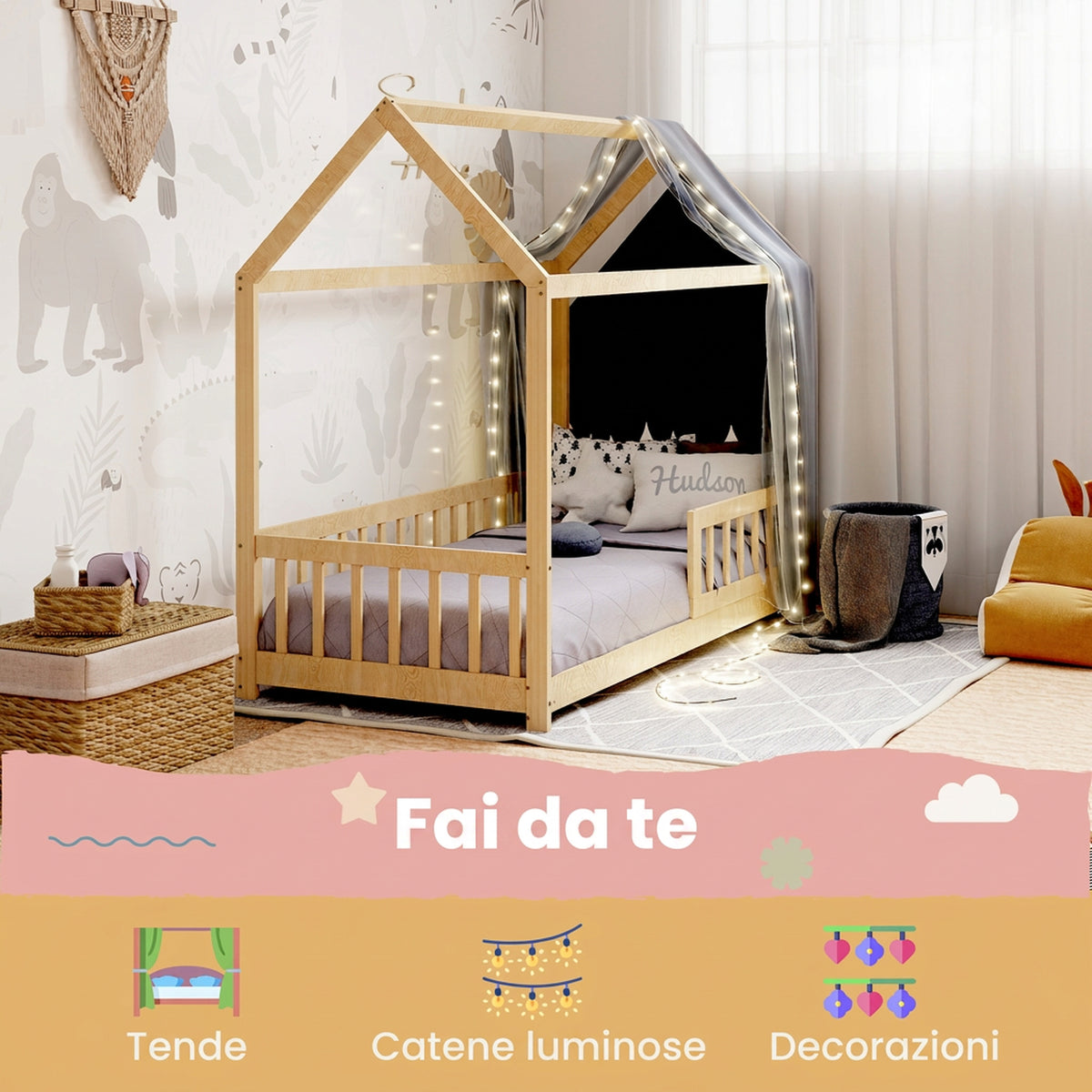 Letto a Casetta in Legno di Pino per Bambini