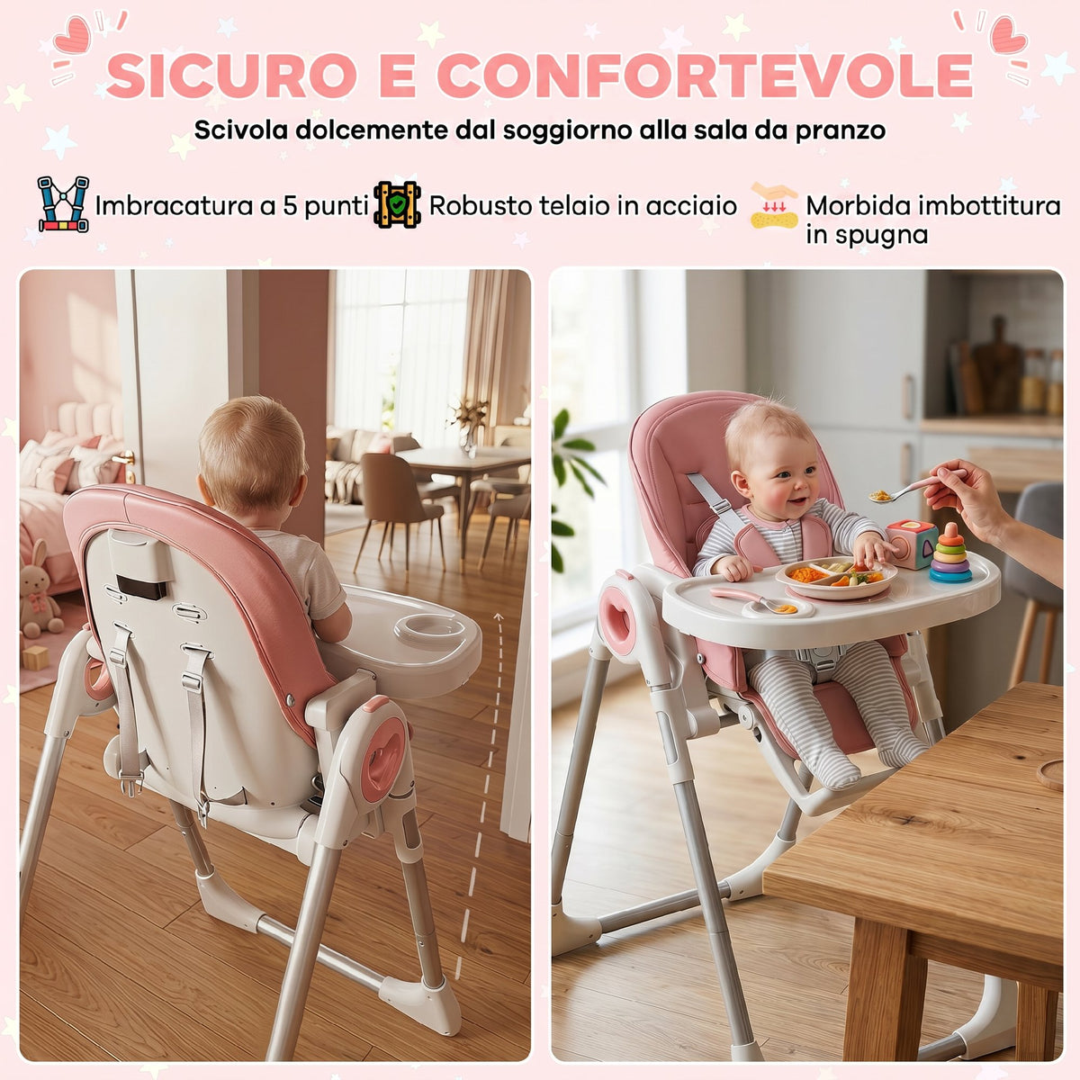 Seggiolone Pappa Pieghevole Rosa con Altezza Regolabile