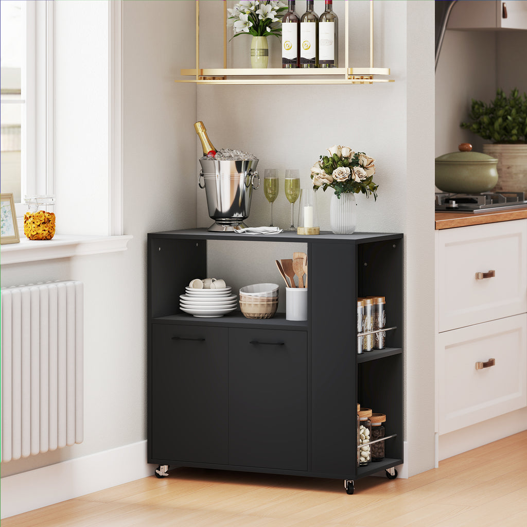 Carrello da Cucina in Legno Nero con Ripiano e Armadietto