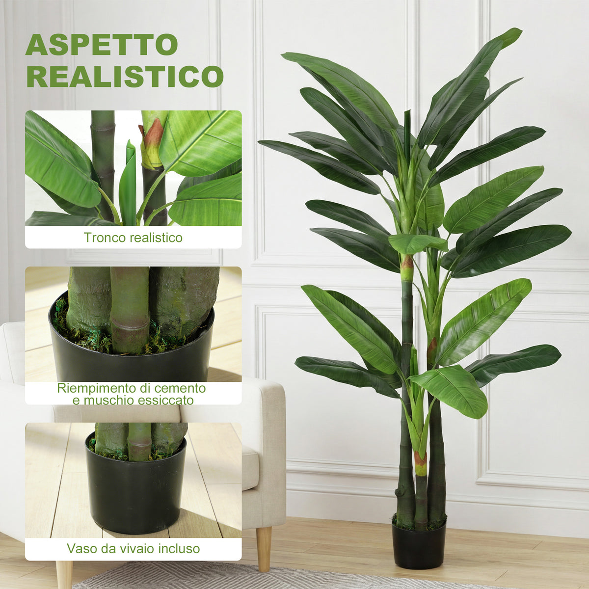 Albero di Banano Artificiale da 180 cm con 18 Foglie