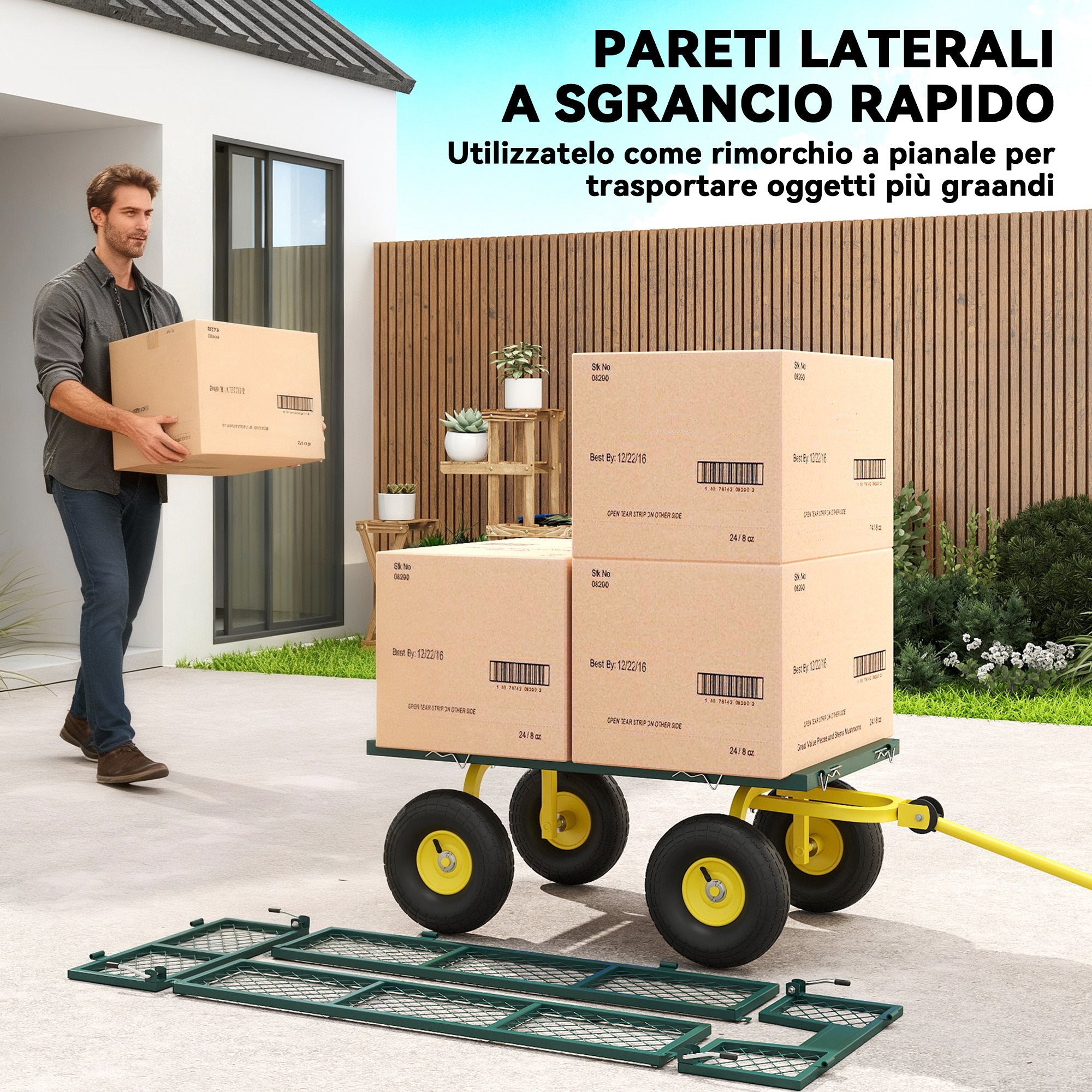 Carrello da Giardino in Acciaio 200 kg con Pareti Rimovibili e Maniglia Sterzante
