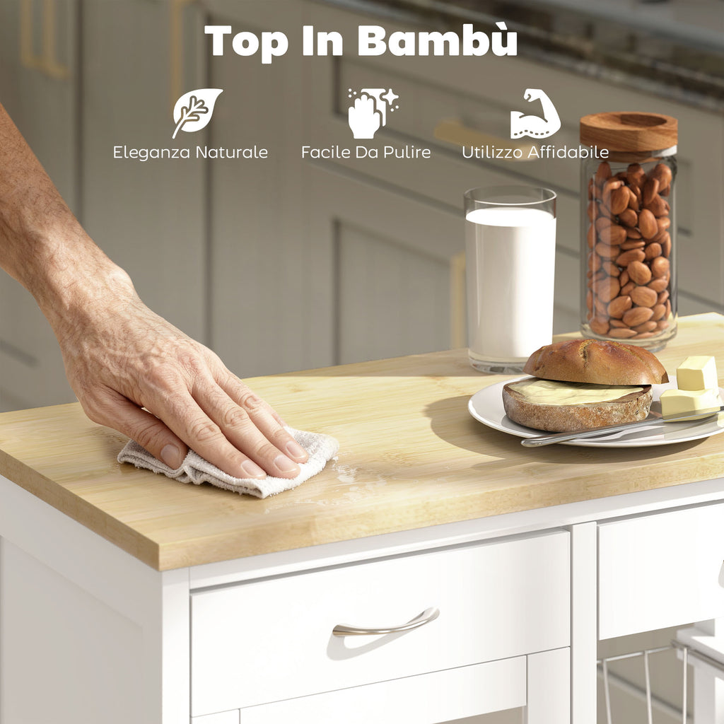 Carrello da Cucina in Bambù Bianco con 2 Cassetti