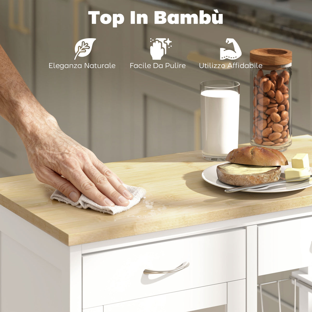 Carrello da Cucina in Bambù Bianco con 2 Cassetti