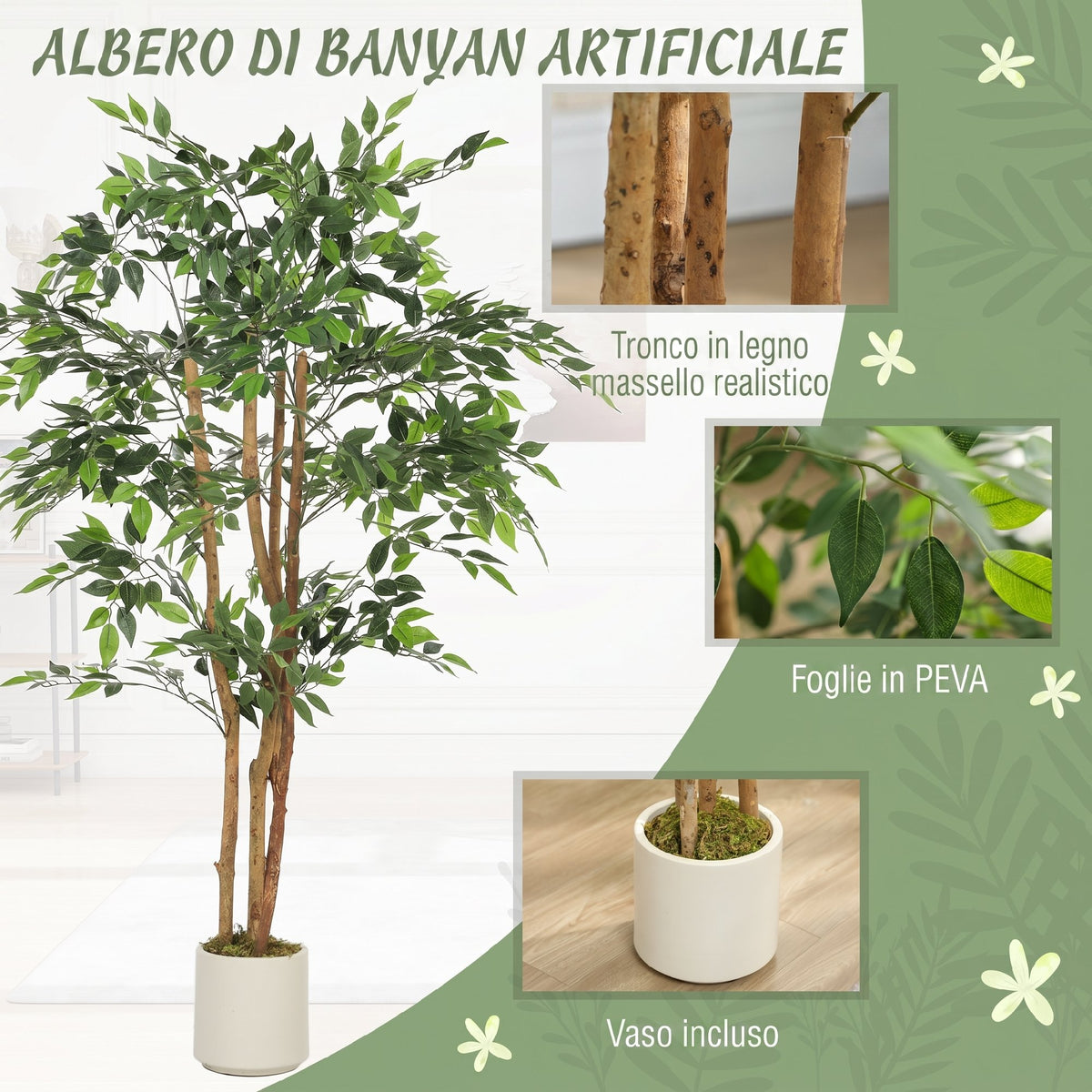Pianta Artificiale Baniano da 150 cm con Tronco in Legno