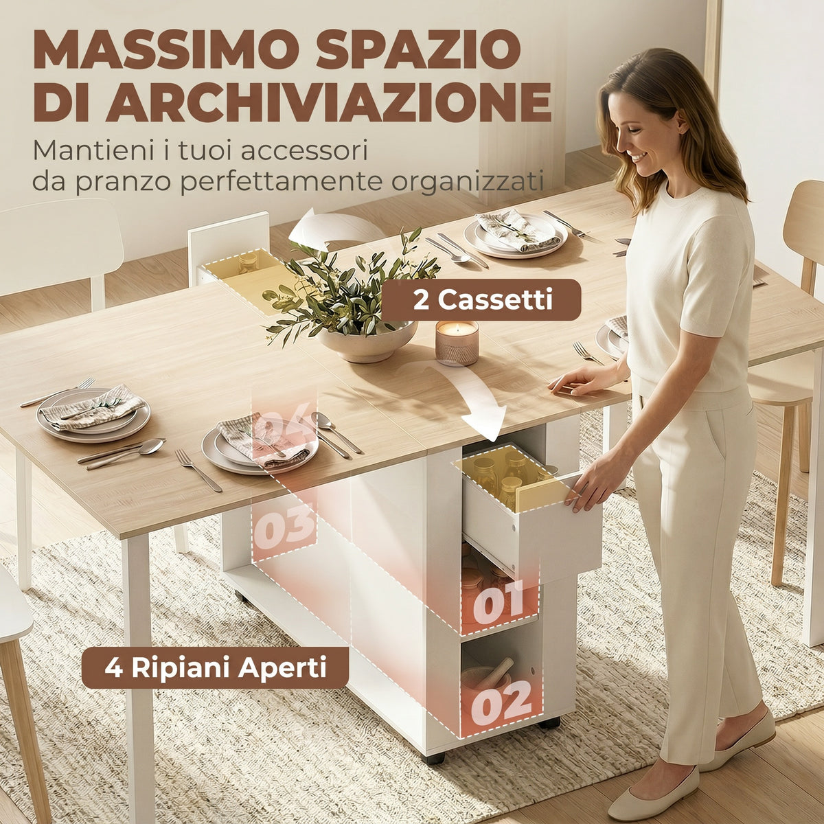 Tavolo Pieghevole da Pranzo per 6 Persone con Cassetti