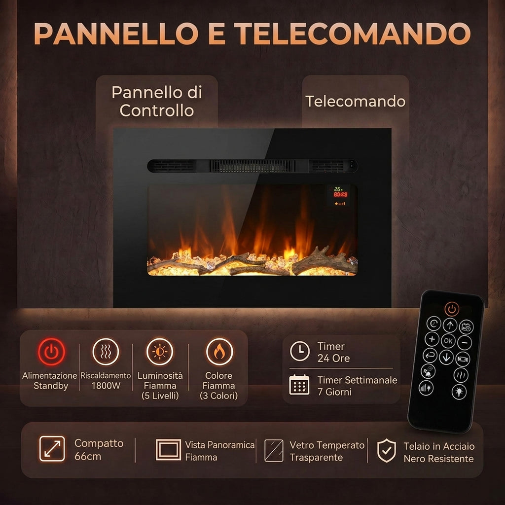 Caminetto Elettrico da Incasso o Parete 60 cm 1800W