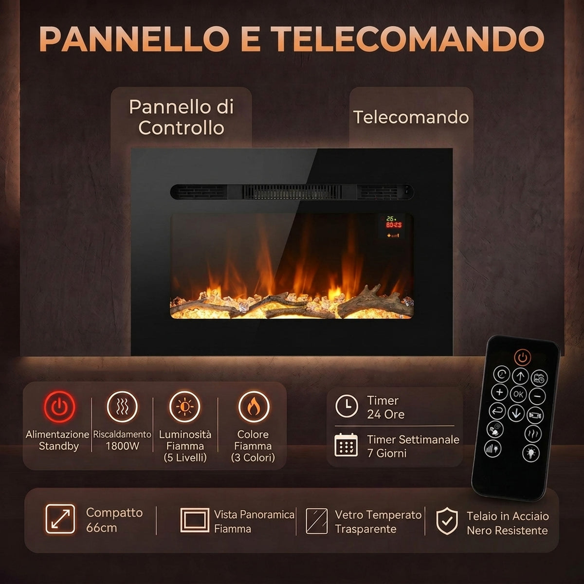 Caminetto Elettrico da Incasso o Parete 60 cm 1800W