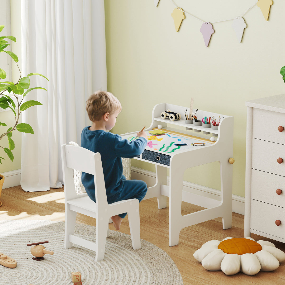 Scrivania con Sedia per Bambini e 2 Cassetti