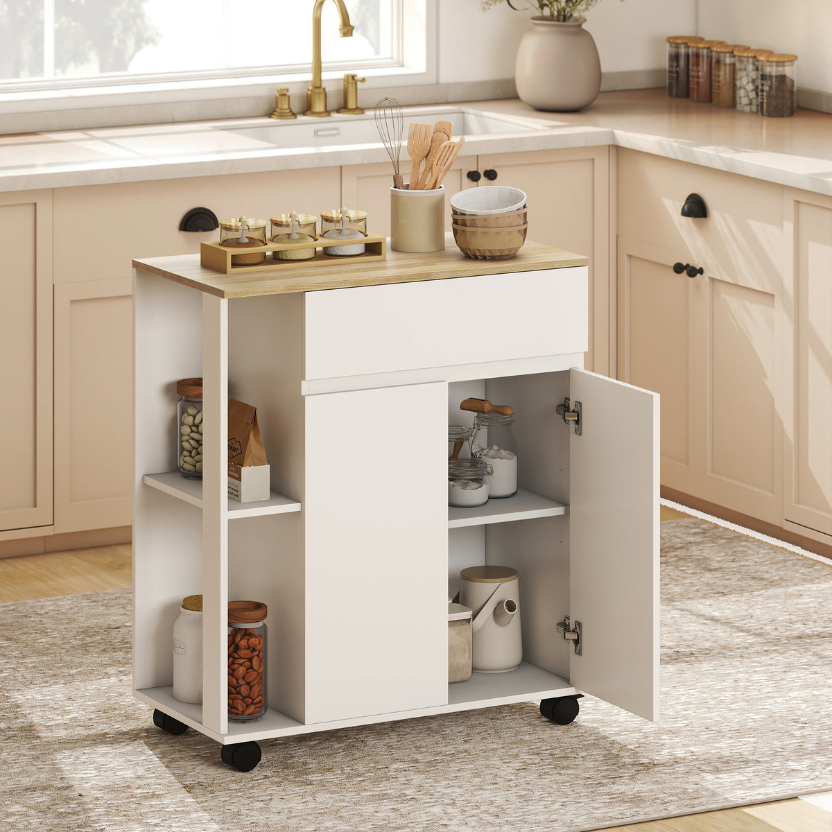 Carrello da Cucina Bianco e Rovere con Cassetto