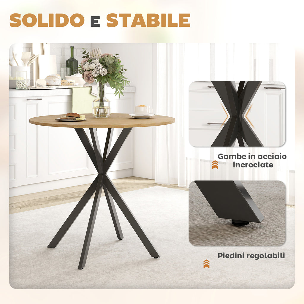 Tavolo da Pranzo Rotondo Stile Industriale con Gambe a Croce Effetto Quercia