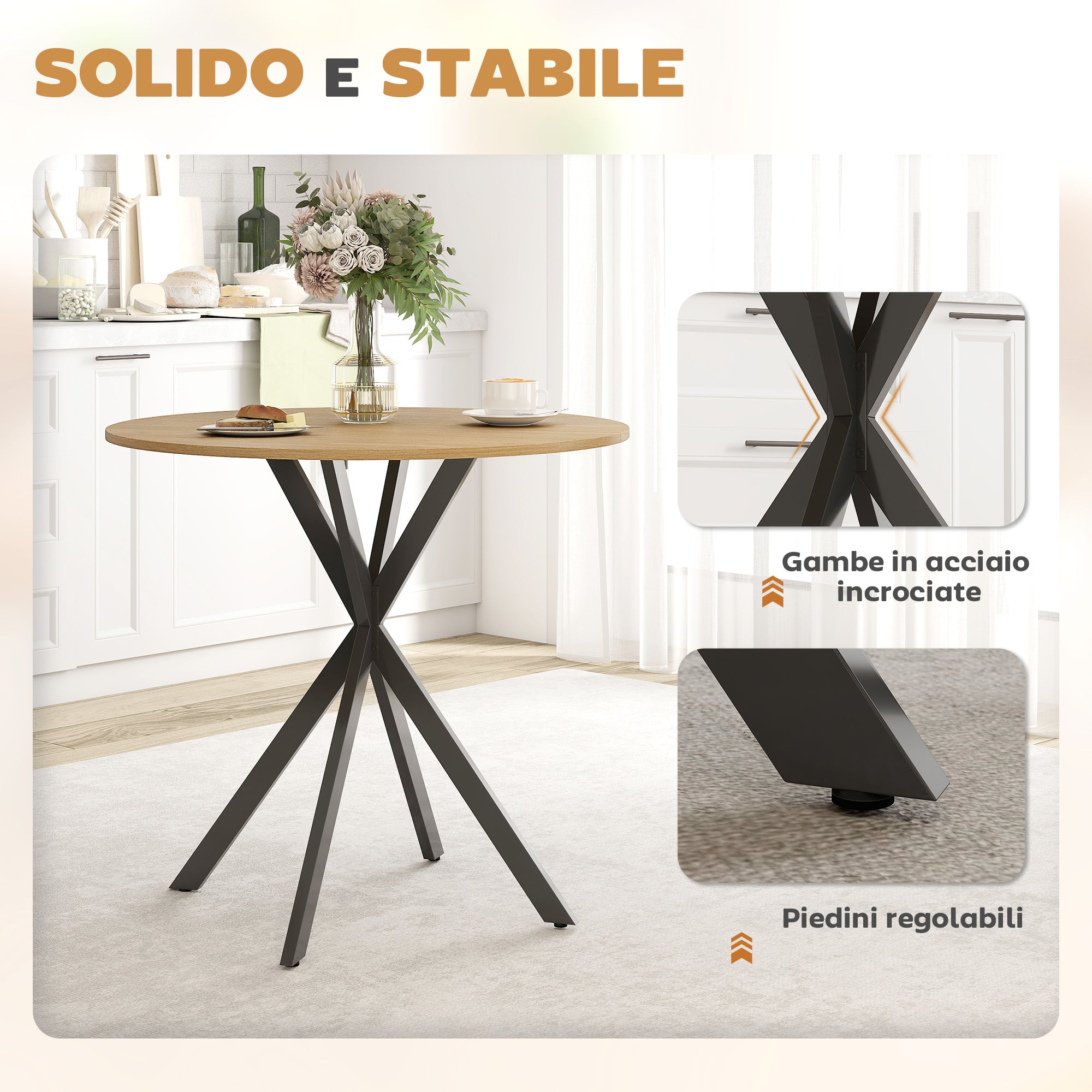 Tavolo da Pranzo Rotondo Stile Industriale con Gambe a Croce Effetto Quercia
