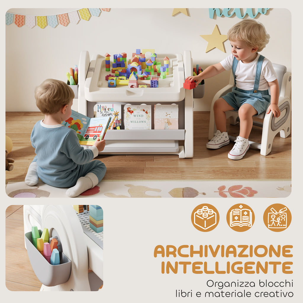 Tavolo Multiuso per Bambini con Ripiano Contenitore e Cassetti Grigio e Bianco