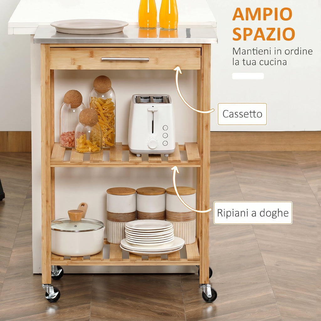 Carrello da Cucina in Bambù con Piano in Acciaio Inox