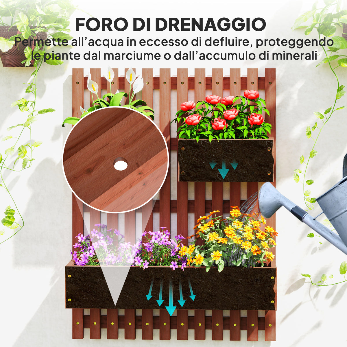 Fioriera Verticale in Legno con 3 Vasi Rimovibili