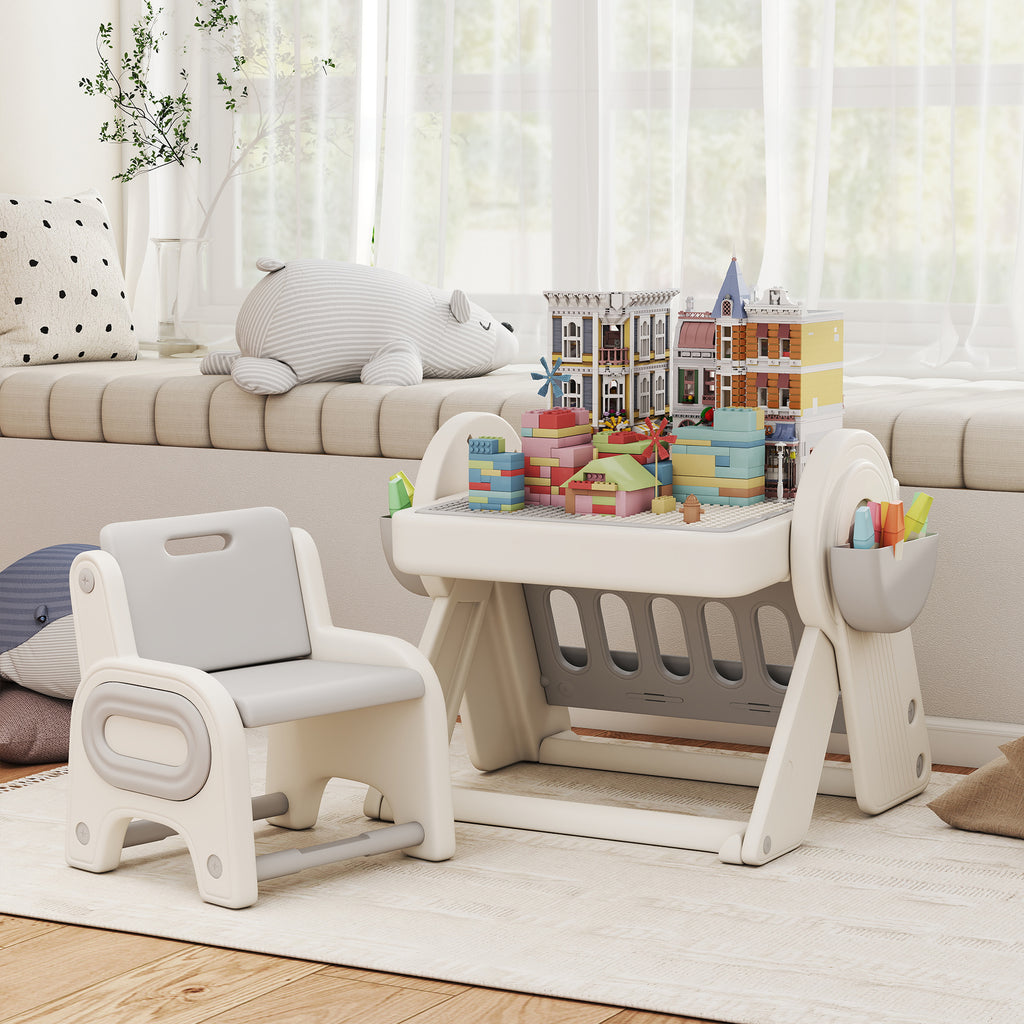 Tavolo Multiuso per Bambini con Ripiano Contenitore e Cassetti Grigio e Bianco