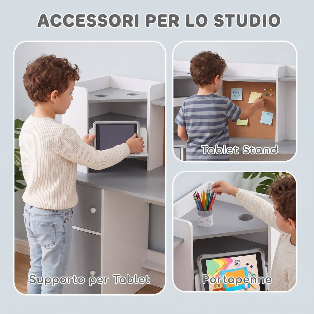 Scrivania Bambini con Sedia e Supporto Tablet
