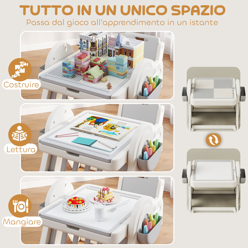 Tavolo Multiuso per Bambini con Ripiano Contenitore e Cassetti Grigio e Bianco