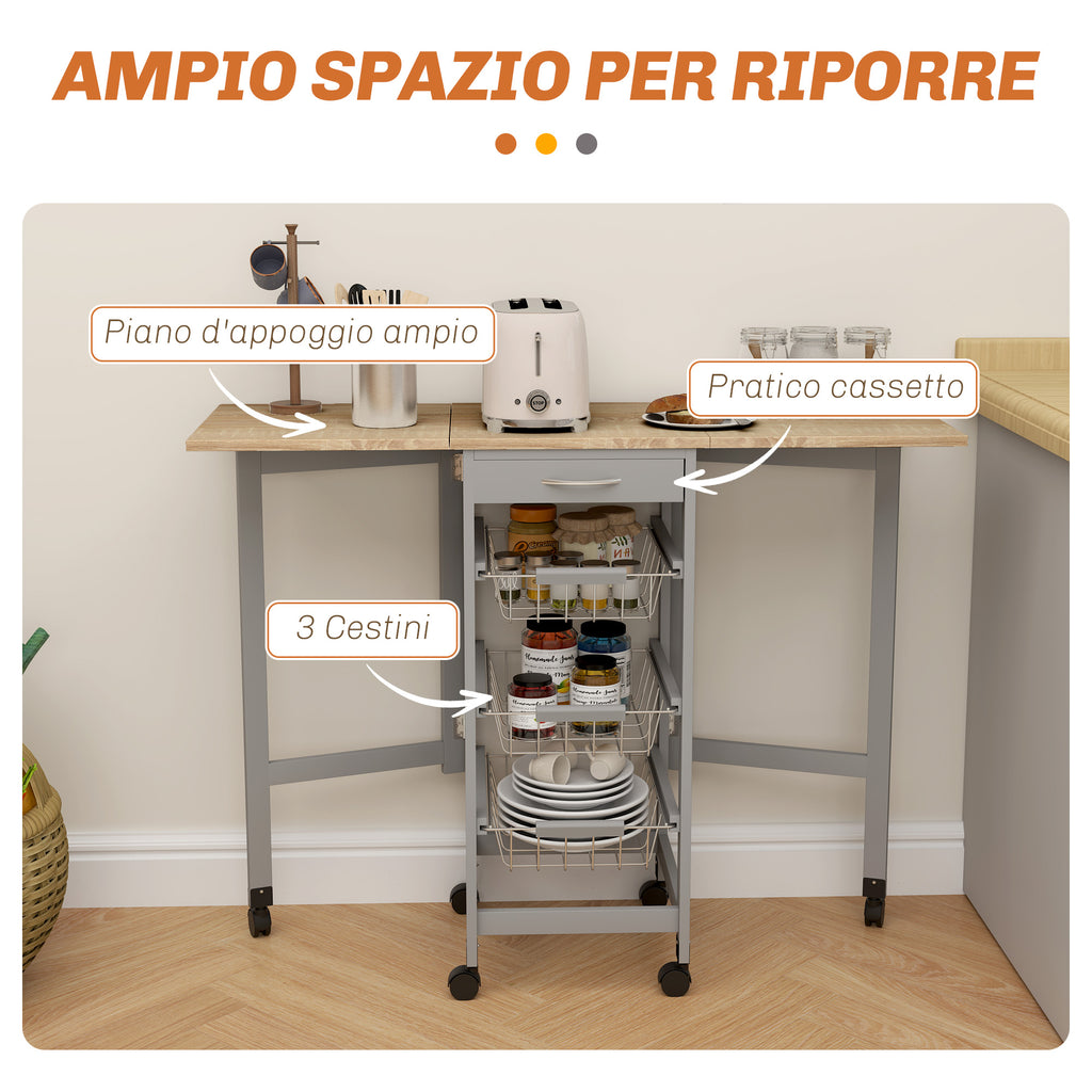 Carrello da Cucina Grigio e Rovere con 3 Cestini