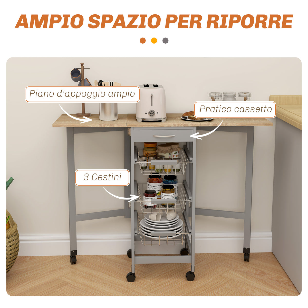 Carrello da Cucina Grigio e Rovere con 3 Cestini