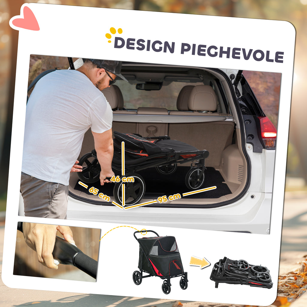 Passeggino Pieghevole per Cani di Taglia Media o Grande con Finestre in Rete e Ingressi a Cerniera Rosso/Nero