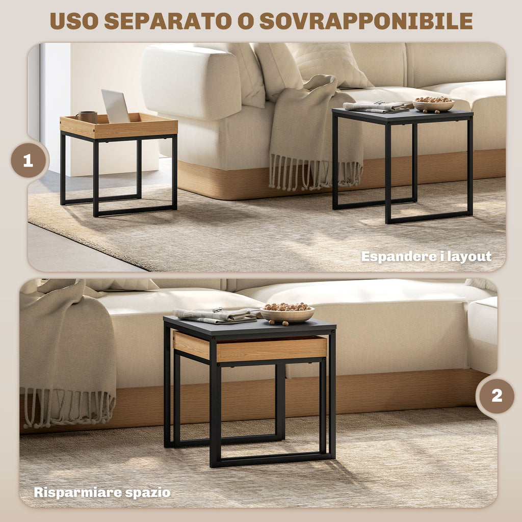 Set di 2 Tavolini da Caffè Moderni con Gambe a U in Legno e Acciaio Nero