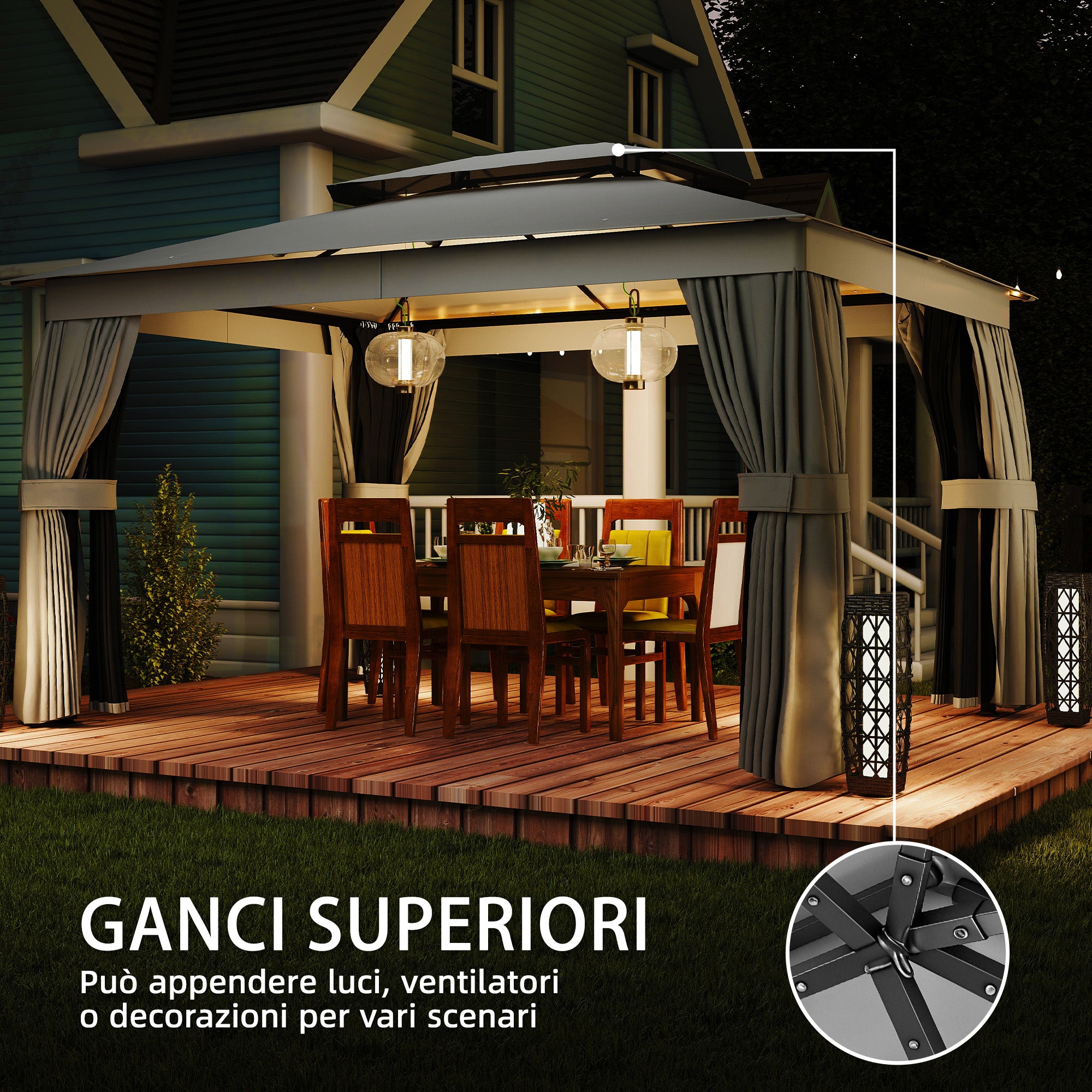 Gazebo da Giardino 3,8 x 3 m con Doppio Tetto e Tende Laterali