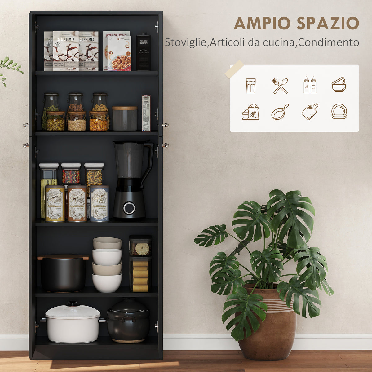 Mobile Contenitore Nero con 2 Armadietti e Mensole