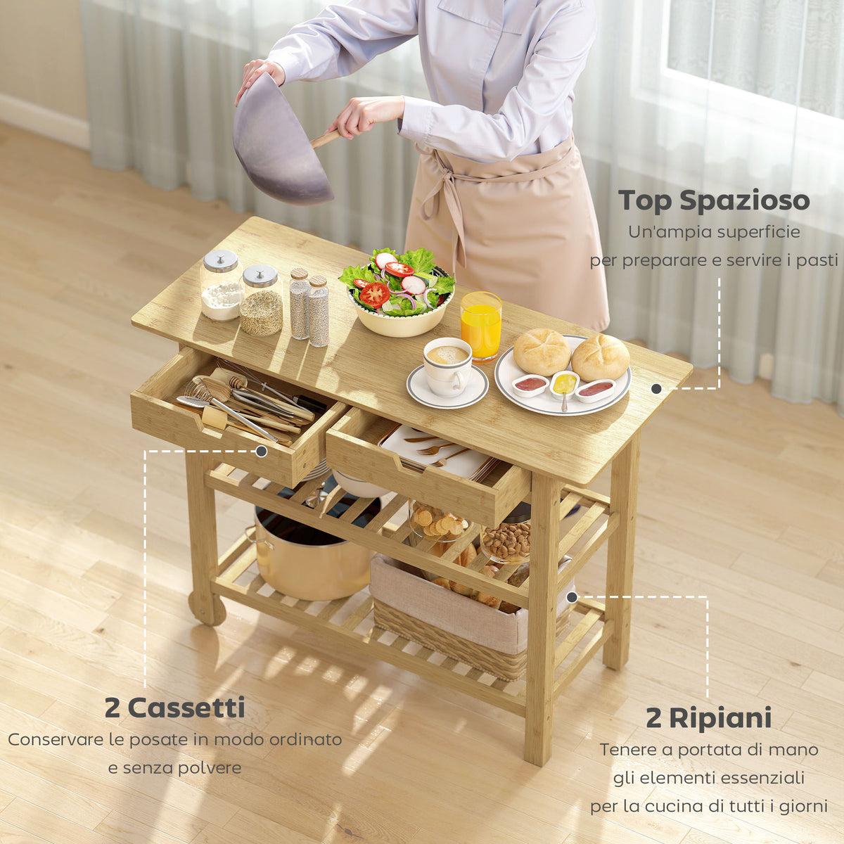 Carrello da Cucina in Bambù con 2 Cassetti