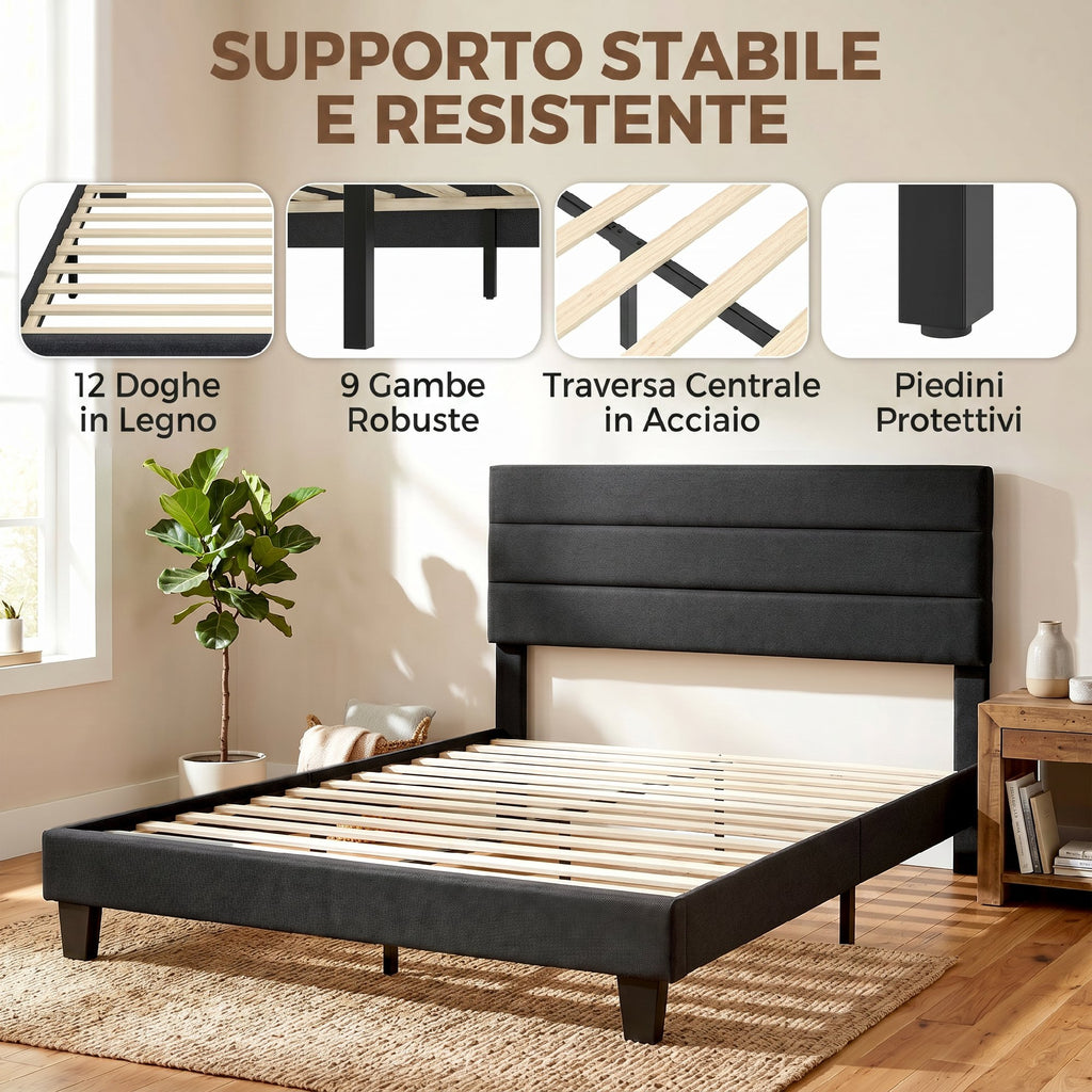 Letto Matrimoniale in Tessuto Effetto Lino con Testiera Regolabile Nero