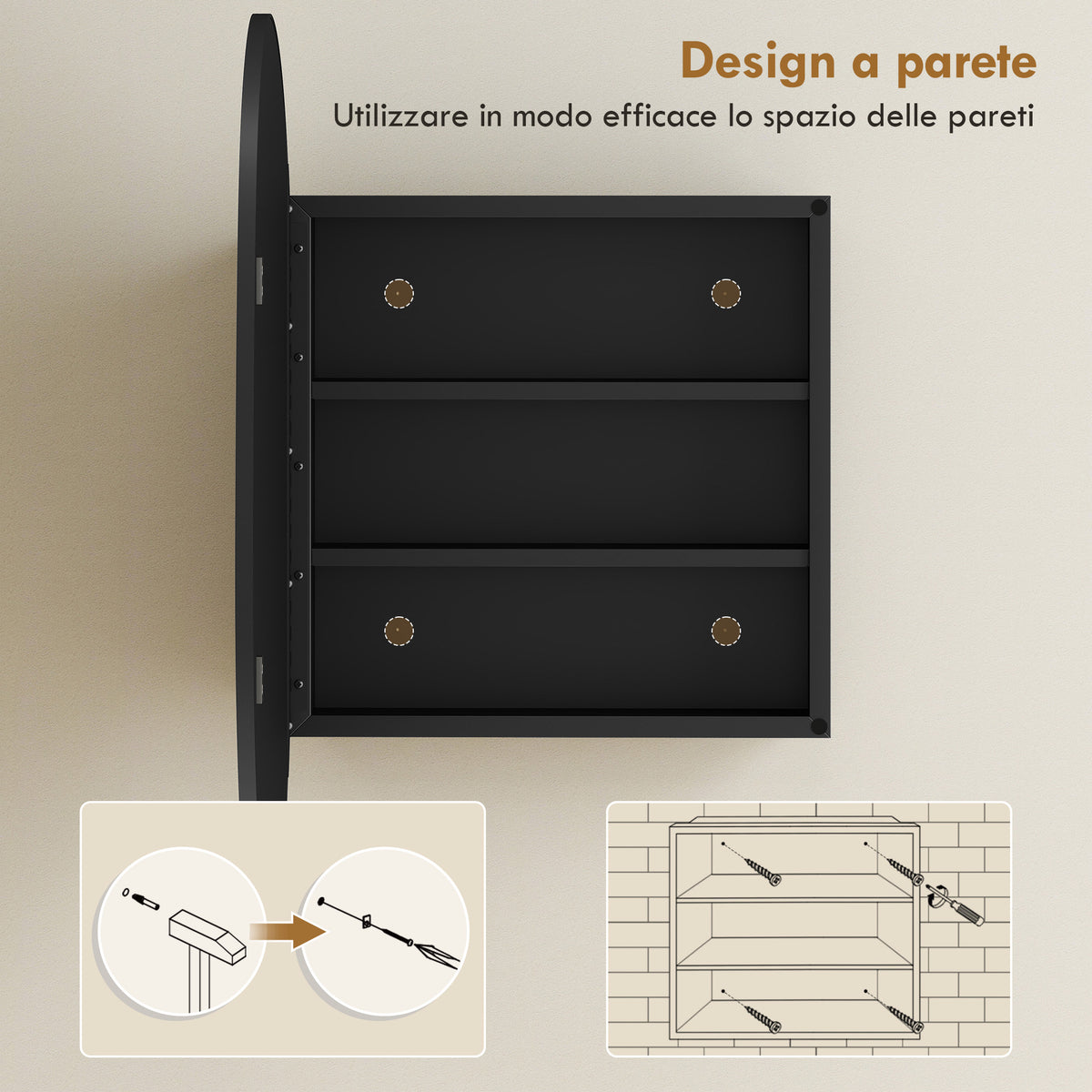 Armadietto Bagno Nero con Specchio e Ripiani