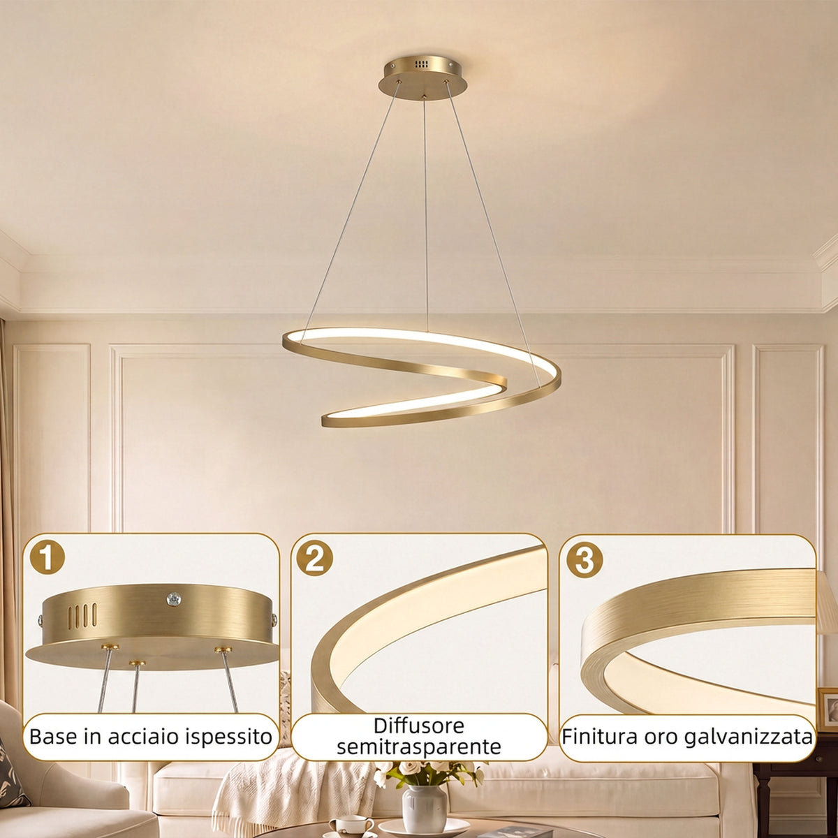 Lampada Sospensione LED Oro con 2 Anelli