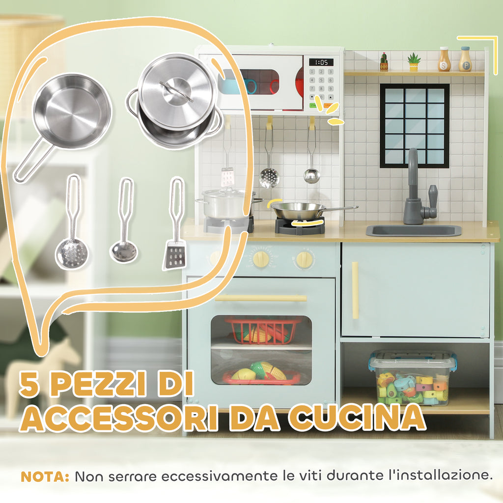 Cucina Giocattolo per Bambini con Fornelli e Armadietti Blu e Bianco